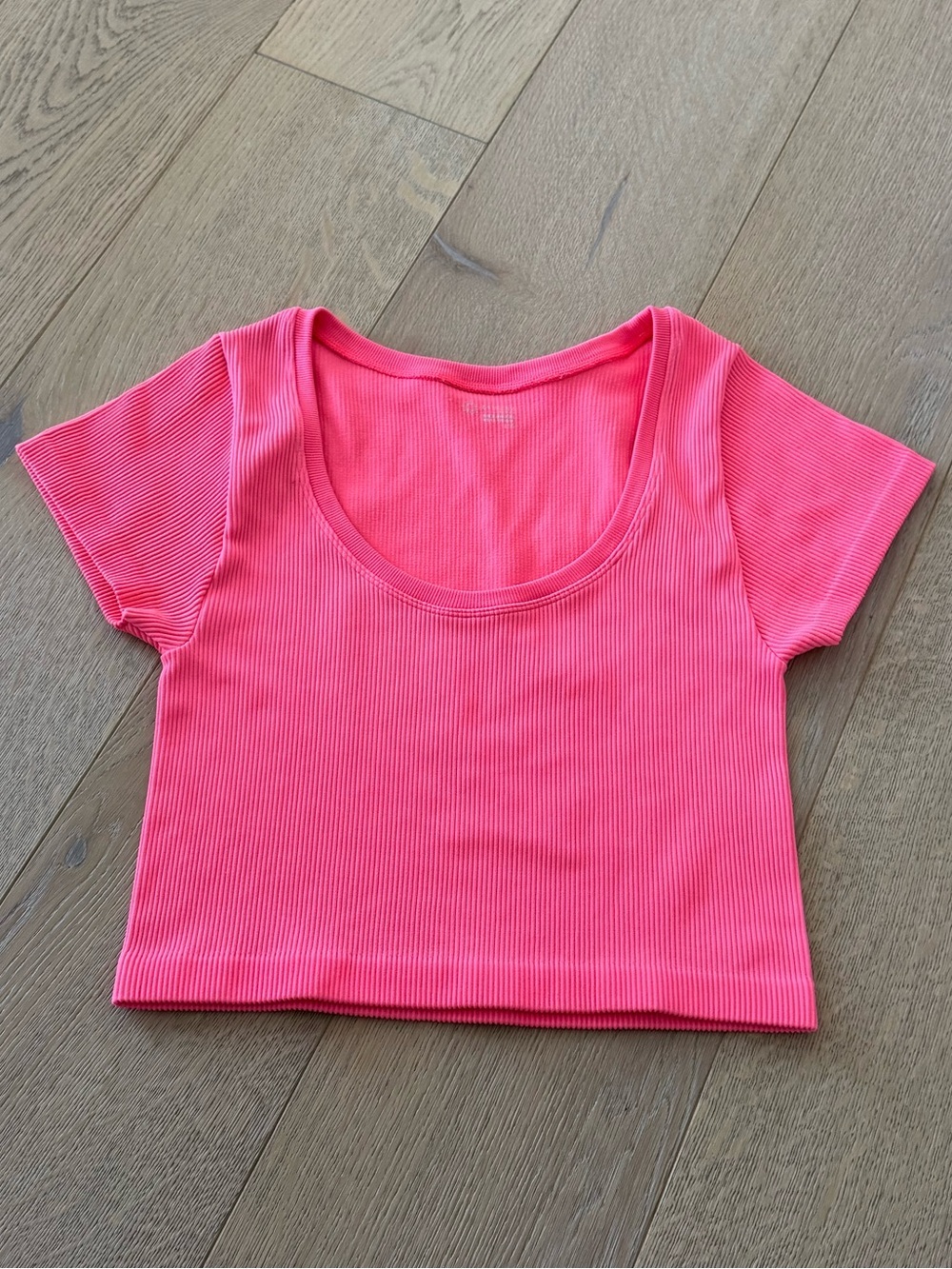 Aerie Top Neon Pink Offline Seamless Sidewalk Crop T-Shirt Rib Knit Solid Large